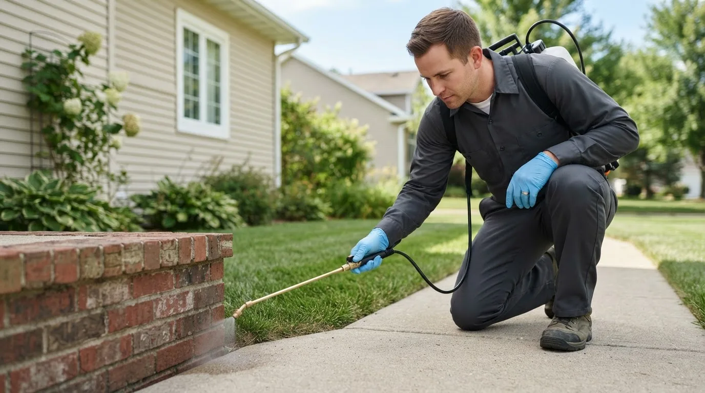 Pest control technician treating a home near Stacy, MN